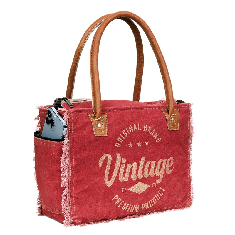 CREATIVE LEATHER ART Canvas Tote Bag for Women, Shoulder Bag with Leather Handles, Beach Bag, Handbag, Travel & Everyday Use (Vintage Print, Red, 13 x 10 Inch) - Image 1