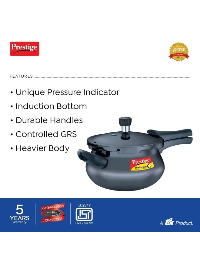 Prestige Prestige Deluxe Plus Hard Anodised Pressure Cooker 5 Ltr | Aluminium Pressure Cooker With Lid | Curved Design | User Friendly Handles - Black Black 5Liters