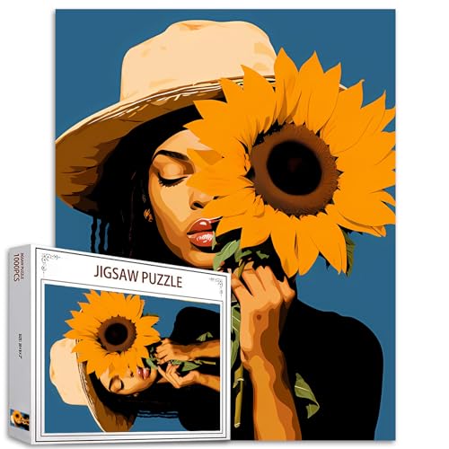 Tucocoo Jigsaw Puzzles 1000 Pieces for AdultsBlack Girl with Sunflower Hardboard PuzzleChallenging Puzzle Perfect for Game NightsDIY Home Wall DecorArt Puzzles African American Woman Girl Art 27 x 20 - Image 1