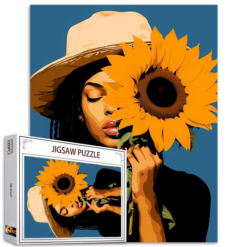 Tucocoo Jigsaw Puzzles 1000 Pieces for AdultsBlack Girl with Sunflower Hardboard PuzzleChallenging Puzzle Perfect for Game NightsDIY Home Wall DecorArt Puzzles African American Woman Girl Art 27 x 20 - Image 3