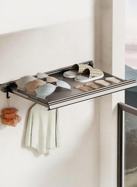 Extendable Aluminum Wall Mounted Bathroom Towel Rack Shelf, Clothes Drying Stand,Foldable Towel Holder with Hooks