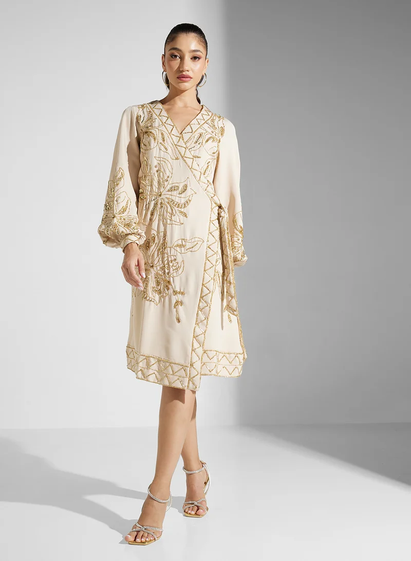 Frock and Frill Embroidered Wrap Dress