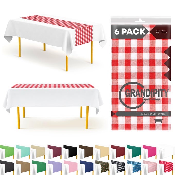 RED GINGHAM 6 PACK CHECKERED PREMIUM DISPOSABLE PLASTIC TABLE RUNNER 14 X 108 INCH TABLE RUNNER FOR DINNER PARTIES EVENTS BY