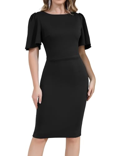 Aphratti Black Funeral Dresses for Women Business Work Church Short Sleeve Cocktail Midi Sheath Dress Black X-Large - Image 1