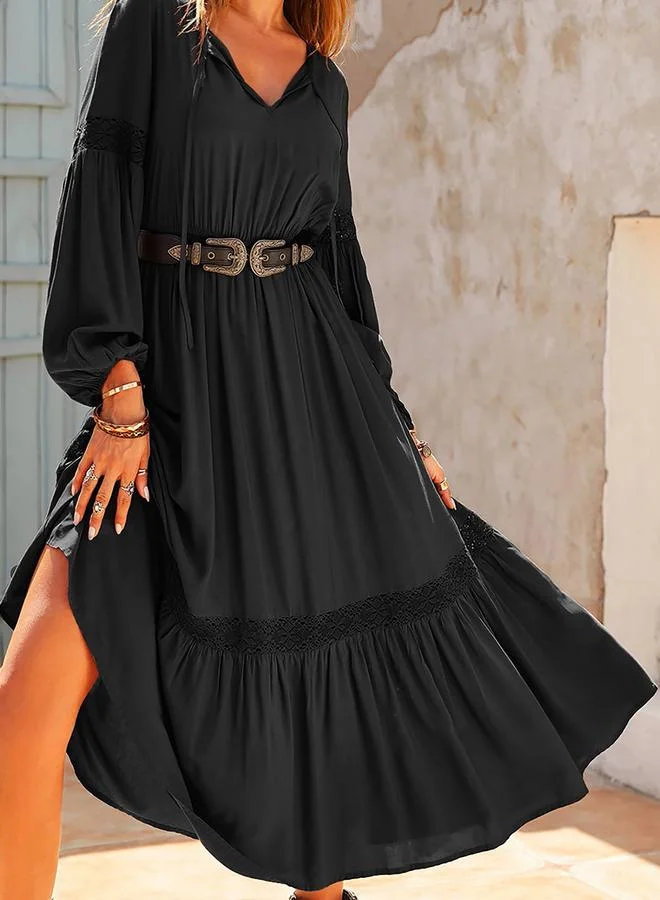 Take Two Take Two Lace Insert Tiered Midi Dress with Bishop Sleeve