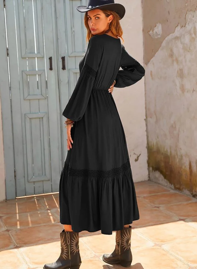 Take Two Take Two Lace Insert Tiered Midi Dress with Bishop Sleeve