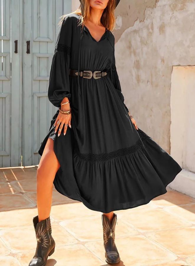 Take Two Take Two Lace Insert Tiered Midi Dress with Bishop Sleeve