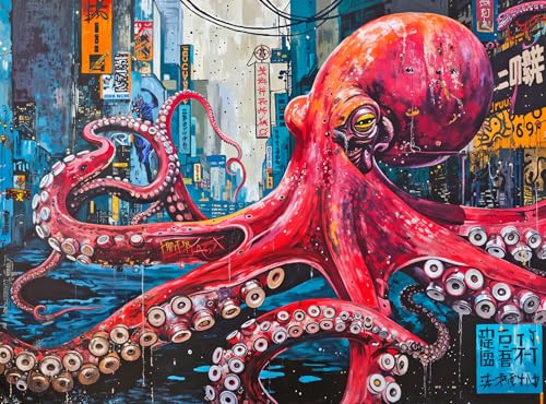 Cross & Glory Cross Glory 1000 Piece Jigsaw Puzzle for Adults Octopus City Neon Overlord Marine Ocean Artwork Puzzle Challenging Brain Teaser Cyberpunk Ocean Art - Image 1