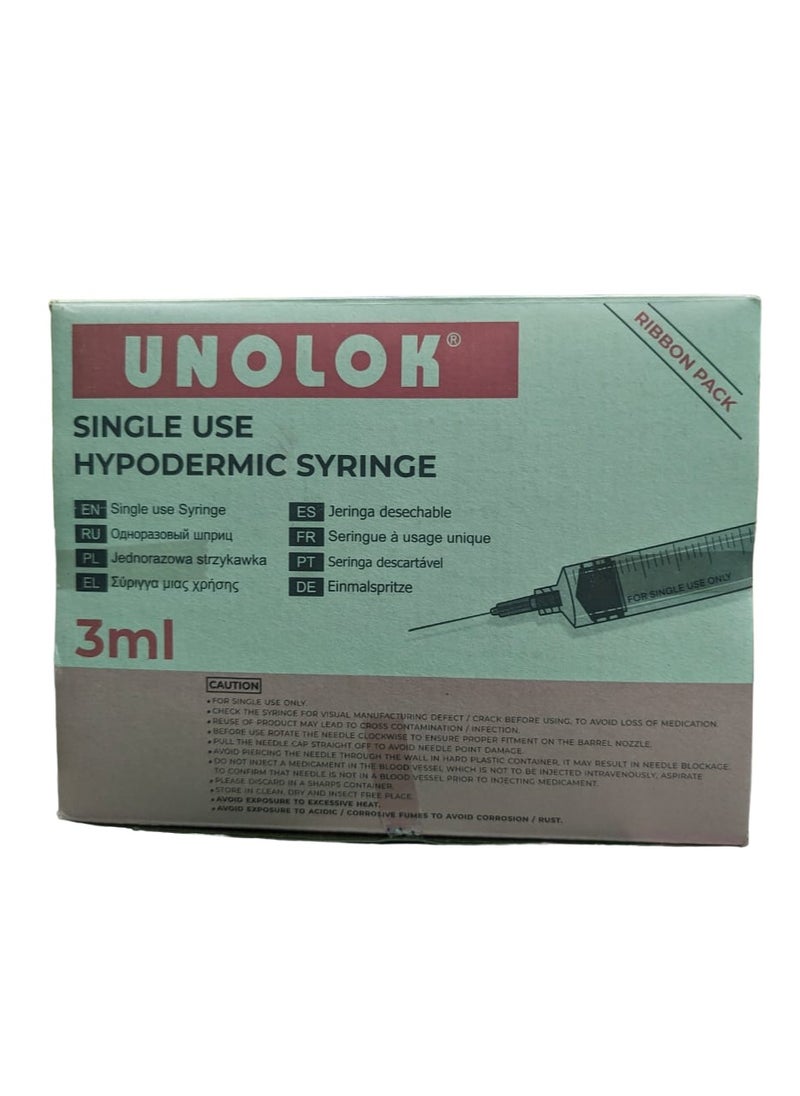 Generic Unolok Single Use Hypodermic Syringe 3ml 100 units  - Image 1