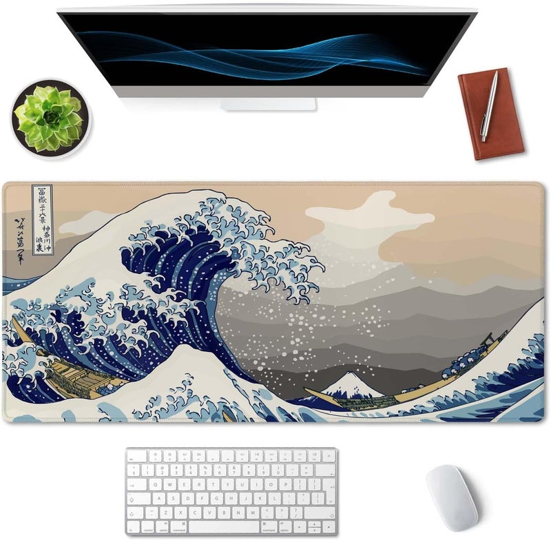 SSOIU Extended Gaming Mouse Pad (35.5x15.7 in), Large Stable Rubber Base Mousepad with Stitched Edges, Keyboard Mouse Mat Desk Pad for Work, Game, Office, Home - Great Wave Off Kanegawa - Image 3