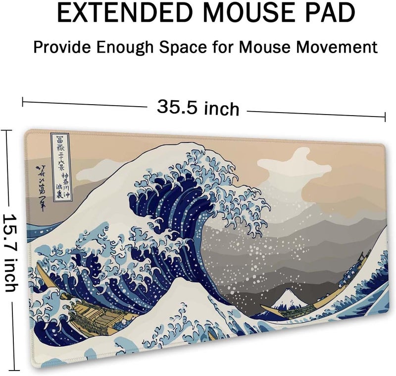 SSOIU Extended Gaming Mouse Pad (35.5x15.7 in), Large Stable Rubber Base Mousepad with Stitched Edges, Keyboard Mouse Mat Desk Pad for Work, Game, Office, Home - Great Wave Off Kanegawa - Image 2