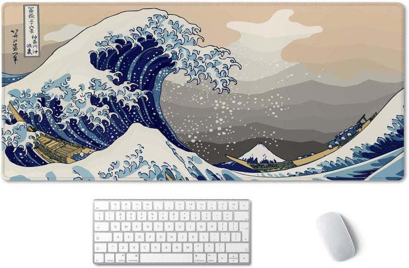 SSOIU Extended Gaming Mouse Pad (35.5x15.7 in), Large Stable Rubber Base Mousepad with Stitched Edges, Keyboard Mouse Mat Desk Pad for Work, Game, Office, Home - Great Wave Off Kanegawa - Image 1