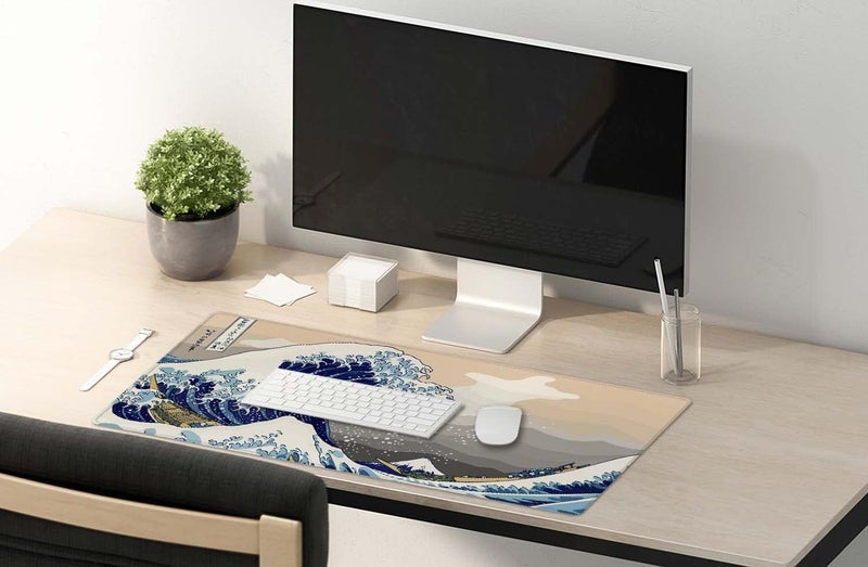 SSOIU Extended Gaming Mouse Pad (35.5x15.7 in), Large Stable Rubber Base Mousepad with Stitched Edges, Keyboard Mouse Mat Desk Pad for Work, Game, Office, Home - Great Wave Off Kanegawa - Image 5