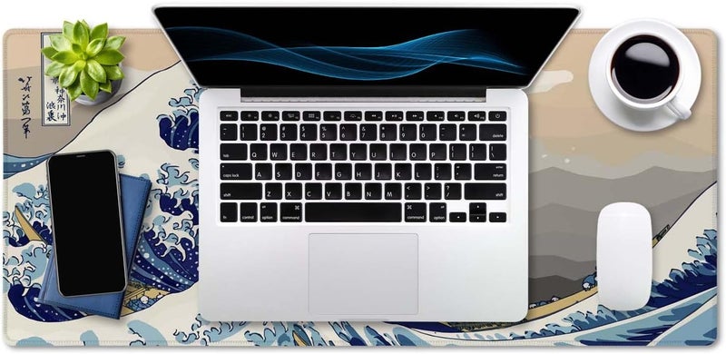 SSOIU Extended Gaming Mouse Pad (35.5x15.7 in), Large Stable Rubber Base Mousepad with Stitched Edges, Keyboard Mouse Mat Desk Pad for Work, Game, Office, Home - Great Wave Off Kanegawa - Image 4