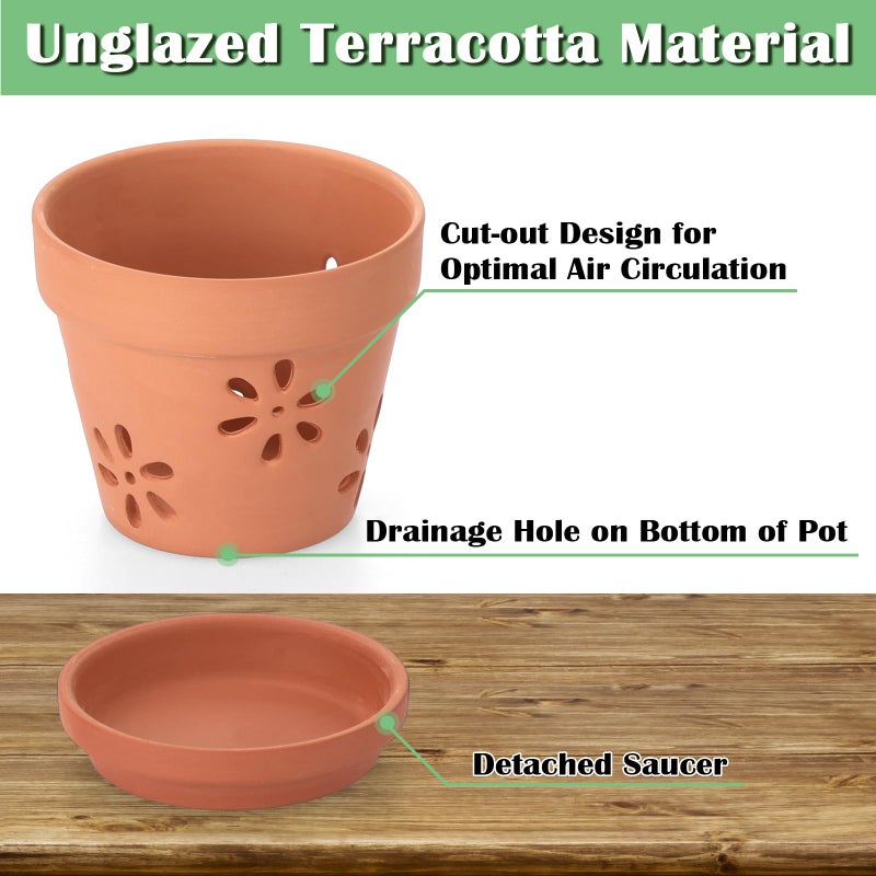JUXYES Pack of 3 Small Terracotta Orchid Pot with Holes and Saucers, 6 Inches Clay Orchid Planter Pots for Repotting, Plant Flower Pots for Orchid Indoor and Outdoor Promotes Air Circulation - Image 5