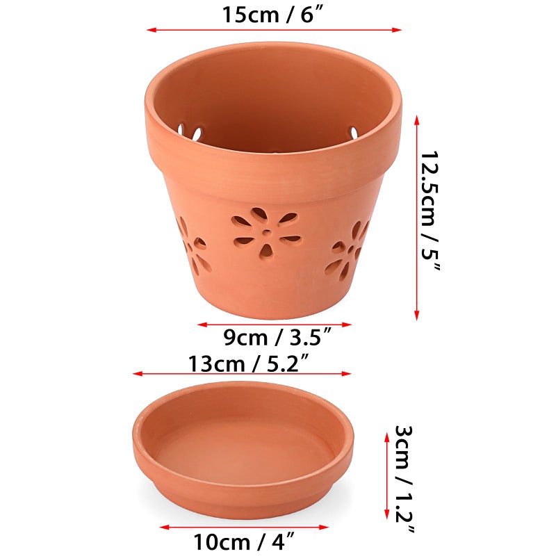 JUXYES Pack of 3 Small Terracotta Orchid Pot with Holes and Saucers, 6 Inches Clay Orchid Planter Pots for Repotting, Plant Flower Pots for Orchid Indoor and Outdoor Promotes Air Circulation - Image 2