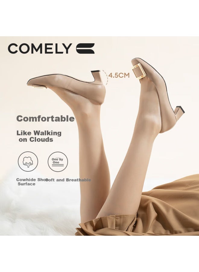 Comely Square Buckle Women's Shoes, Spring Chunky Heel Elegant Patent Leather Commuter High Heels, Milk Tea Color, Size 36 - Image 5