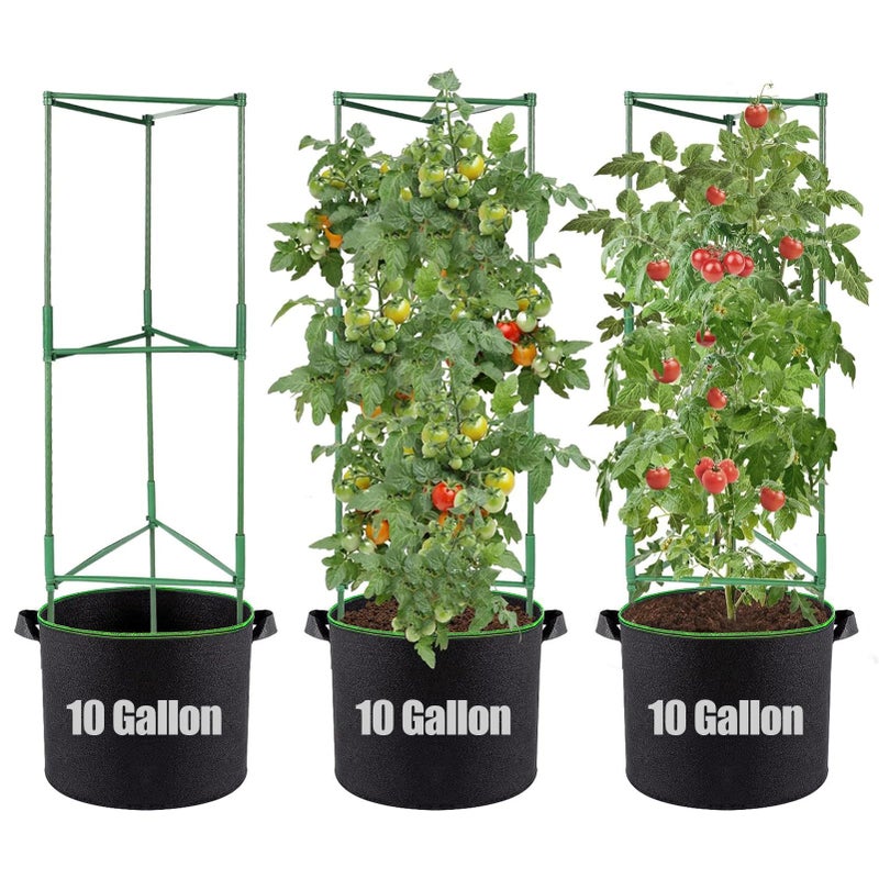 ANPHSIN 3 Sets Tomato Cages with 10 Gallon Grow Bags - 48" Stable Plant Garden Planter, Flowers Vegetable Trellis Pots for Tomato Vertical Climbing Plants Vines - Image 1