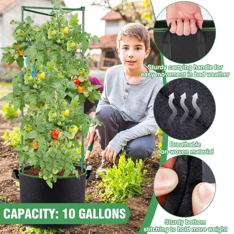 ANPHSIN 3 Sets Tomato Cages with 10 Gallon Grow Bags - 48" Stable Plant Garden Planter, Flowers Vegetable Trellis Pots for Tomato Vertical Climbing Plants Vines - Image 3