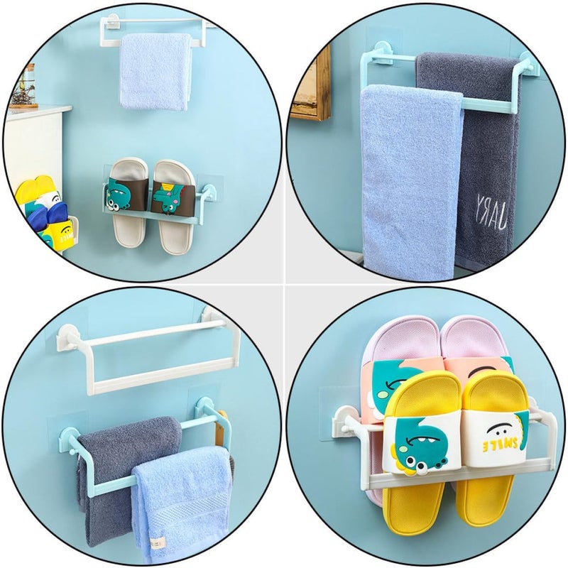 Punch-Free Wall Mounted Bathroom Towel Rack Double Bar Towel Holder with Shoes Storage Rack 2pcs White and Blue for Household Bathroom Organization - Image 3