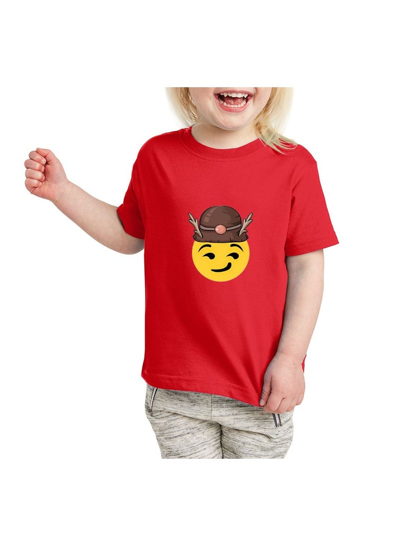 PRINTSHOP4ME - Christmas Emoji Kids Red T-Shirt For Girls–Soft Cotton Round Neck Short Sleeve T-Shirt With Smiley Face Emoji–Great For Parties - Image 1