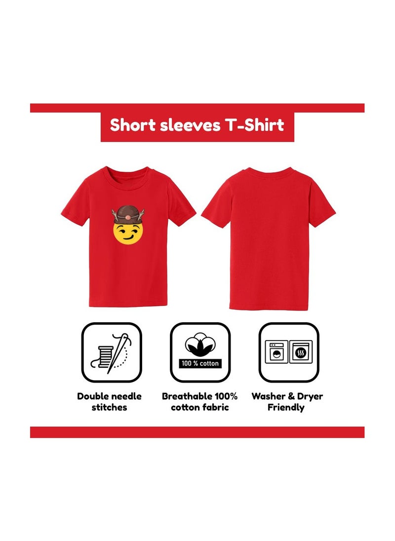 PRINTSHOP4ME - Christmas Emoji Kids Red T-Shirt For Girls–Soft Cotton Round Neck Short Sleeve T-Shirt With Smiley Face Emoji–Great For Parties - Image 1