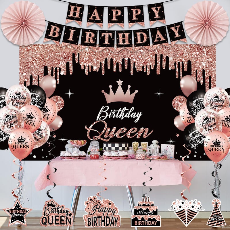 Uiorgui Birthday Decorations for Women, 33pcs Birthday Queen Crown and Sash, Black Rose Gold Happy Birthday Banner Balloons Backdrop Hanging Swirls Paper Fans Birthday Party Decorations Kit Gifts for Her - Image 5