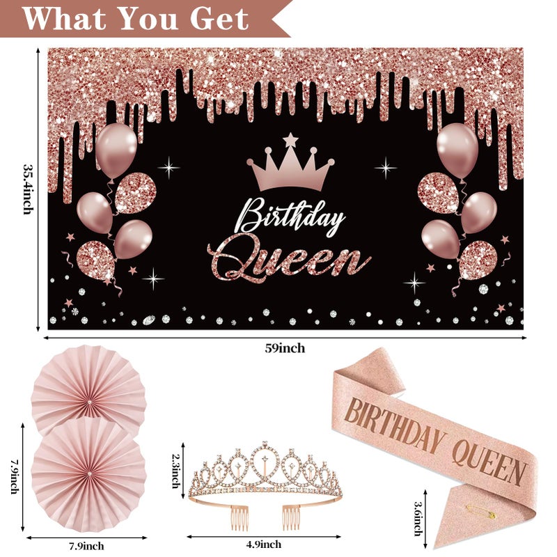 Uiorgui Birthday Decorations for Women, 33pcs Birthday Queen Crown and Sash, Black Rose Gold Happy Birthday Banner Balloons Backdrop Hanging Swirls Paper Fans Birthday Party Decorations Kit Gifts for Her - Image 3