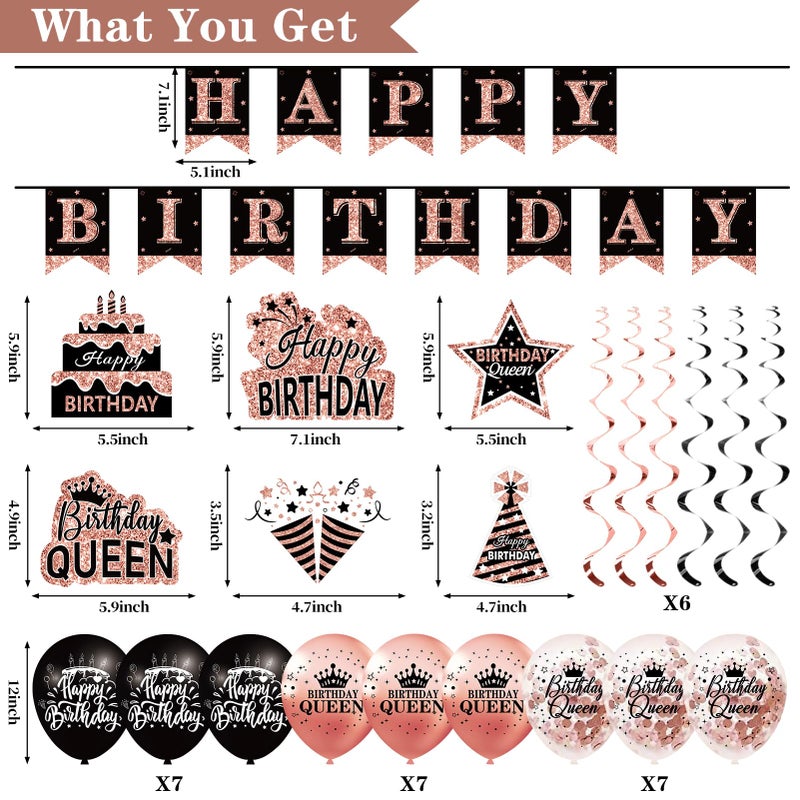 Uiorgui Birthday Decorations for Women, 33pcs Birthday Queen Crown and Sash, Black Rose Gold Happy Birthday Banner Balloons Backdrop Hanging Swirls Paper Fans Birthday Party Decorations Kit Gifts for Her - Image 2