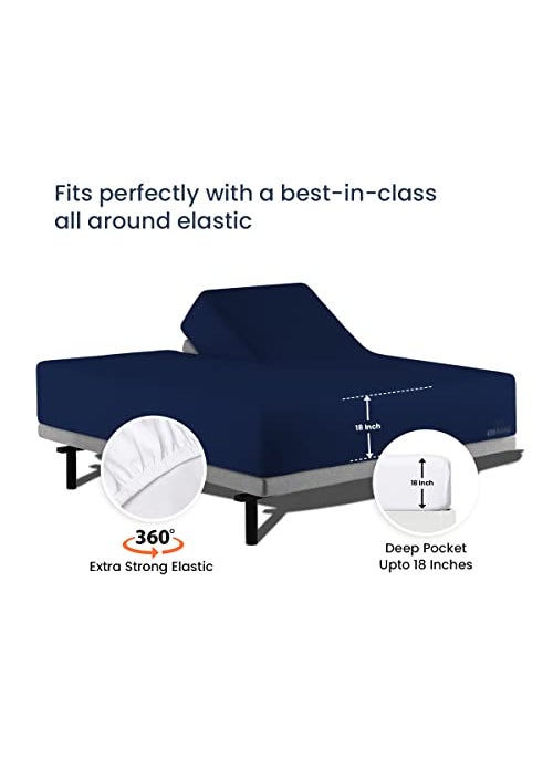 SGI bedding SGI bedding 32"" King Split Top Flex Head Sheet 100% Egyptian Cotton Sheet Set 1000 Thread Count Flex Top Sheet for Adjustable Bed 4Pc Sheet Set 18"" Deep Pocket for Sleep Number Bed - Navy Blue  - Image 4