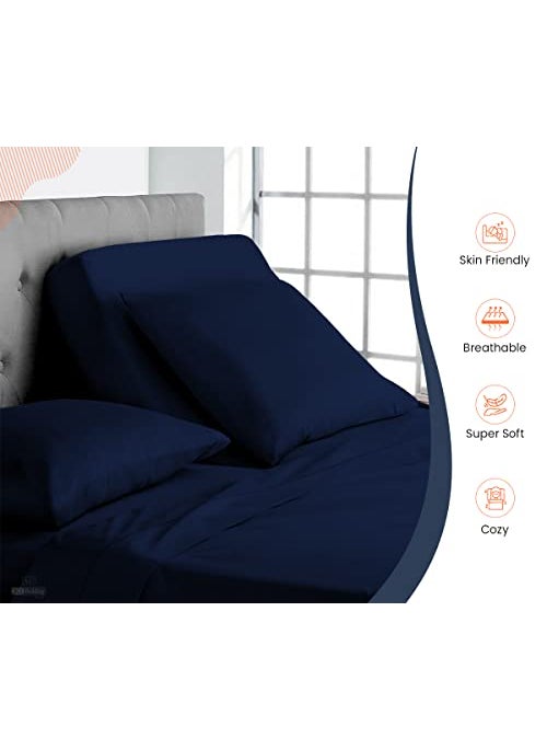 SGI bedding SGI bedding 32"" King Split Top Flex Head Sheet 100% Egyptian Cotton Sheet Set 1000 Thread Count Flex Top Sheet for Adjustable Bed 4Pc Sheet Set 18"" Deep Pocket for Sleep Number Bed - Navy Blue  - Image 3