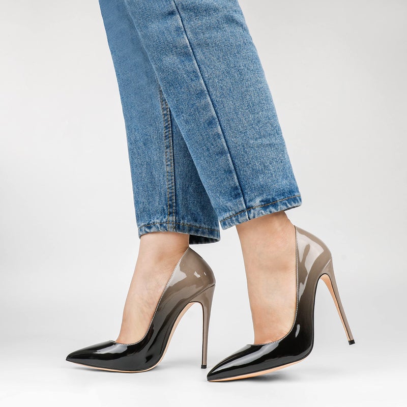 COLETER Pointy Toe Pumps for Women,Patent Gradient Animal Print High Heels Usual Dress Shoes Nude Black 12cm-NB 9 US - Image 5