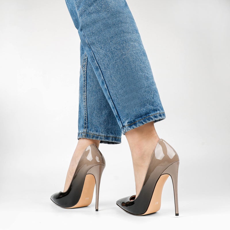 COLETER Pointy Toe Pumps for Women,Patent Gradient Animal Print High Heels Usual Dress Shoes Nude Black 12cm-NB 9 US - Image 3