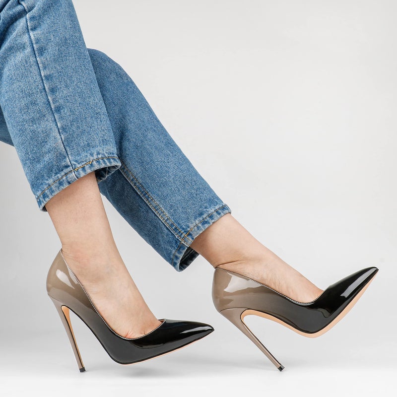 COLETER Pointy Toe Pumps for Women,Patent Gradient Animal Print High Heels Usual Dress Shoes Nude Black 12cm-NB 9 US - Image 4