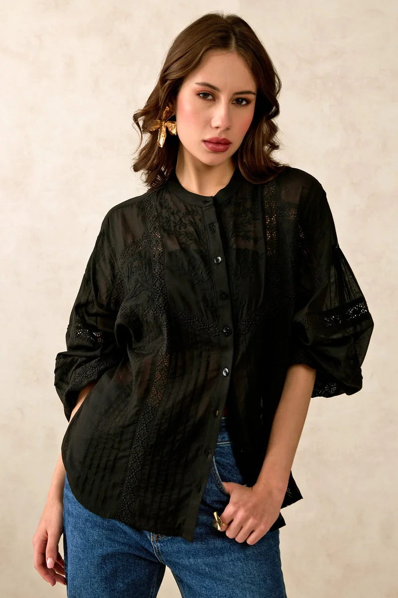 Virgio Virgio Women Cotton Mandarin Collar Regular Length Solid Puff Sleeves Top