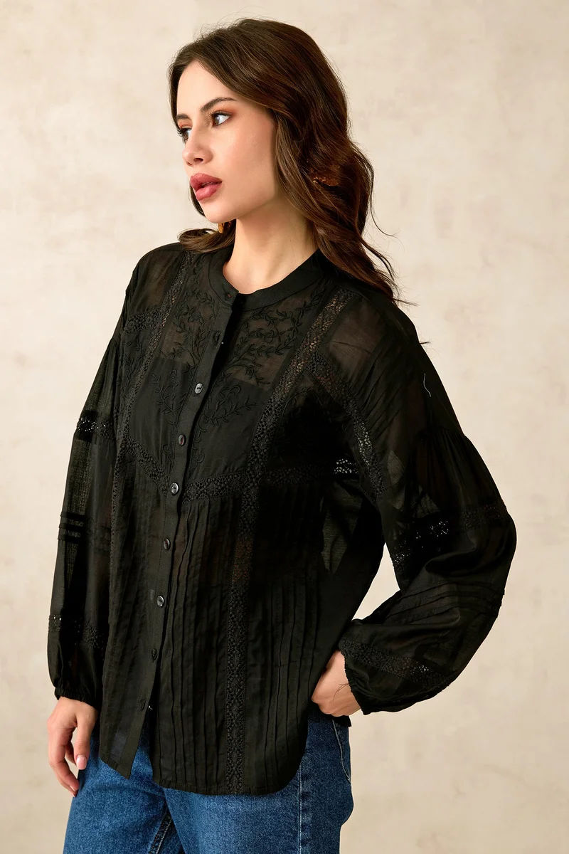 Virgio Virgio Women Cotton Mandarin Collar Regular Length Solid Puff Sleeves Top