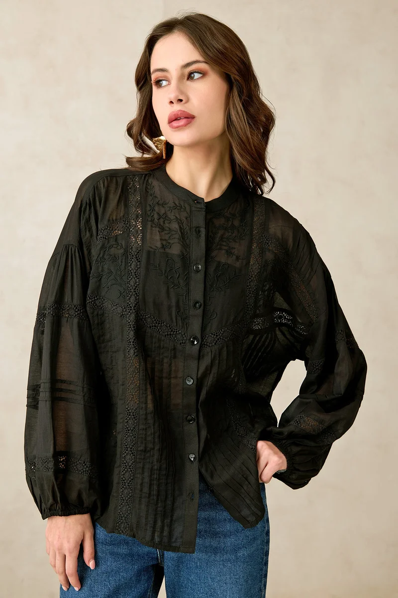 Virgio Virgio Women Cotton Mandarin Collar Regular Length Solid Puff Sleeves Top