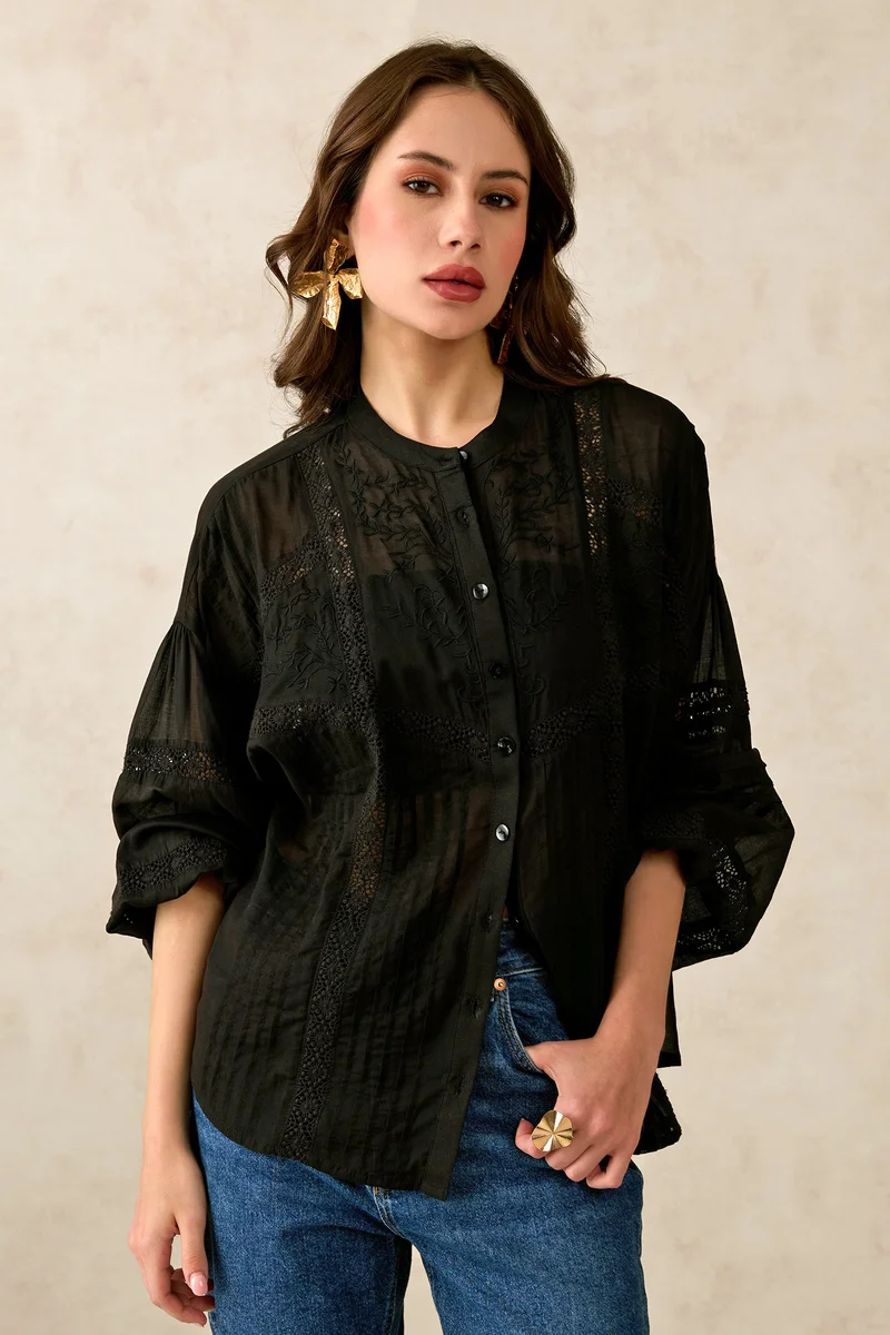 Virgio Virgio Women Cotton Mandarin Collar Regular Length Solid Puff Sleeves Top