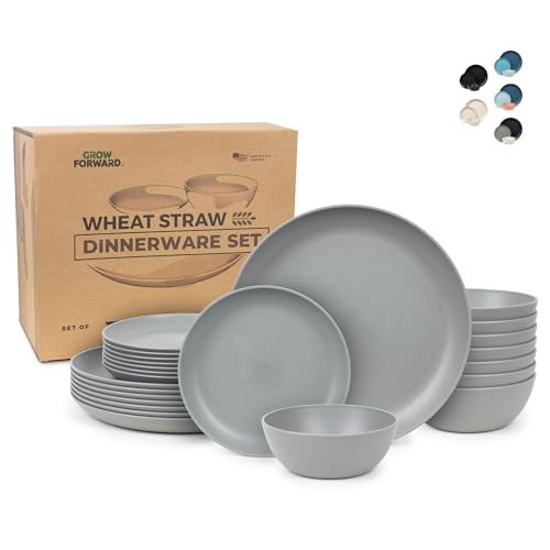 Grow Forward 24-piece Premium Wheat Straw Dinnerware Sets for 8 - Unbreakable Dishwasher & Microwave Safe Plastic Plates and Bowls Sets - Patio, Outdoors, RV, Camping Dishes - Feather - Image 1