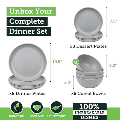Grow Forward 24-piece Premium Wheat Straw Dinnerware Sets for 8 - Unbreakable Dishwasher & Microwave Safe Plastic Plates and Bowls Sets - Patio, Outdoors, RV, Camping Dishes - Feather - Image 3