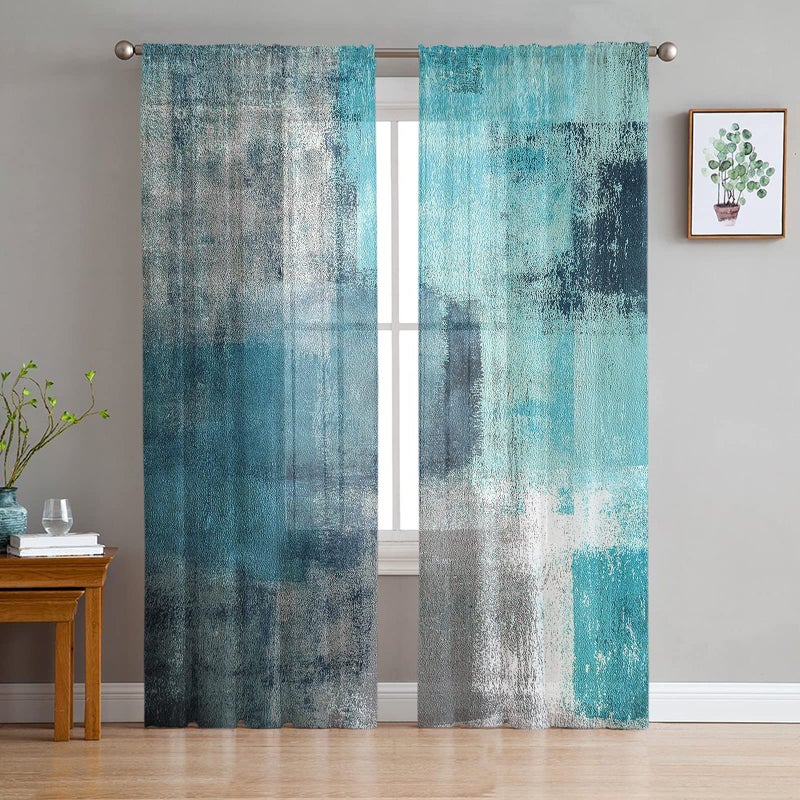 Turquoise Blue Grey Sheer Curtains 84 Inch Length 2 Panels Set for Living RoomBedroom Teal Abstract Art Painting Semi Curtain Sheers Drapes Rod Pocket Curtains Window Treatment Set