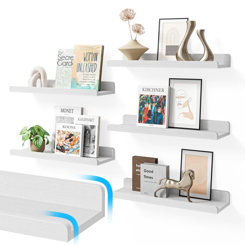 YUFLINX 16â€™â€™White Floating Shelves for Wall with Anti-Crash Design Set of 6,Nursery Book Shelves for Room Decor/Storage/Display,Hanging Wall Shelves for Bedroom, Bathroom, Living Room,Kids Room - Image 1