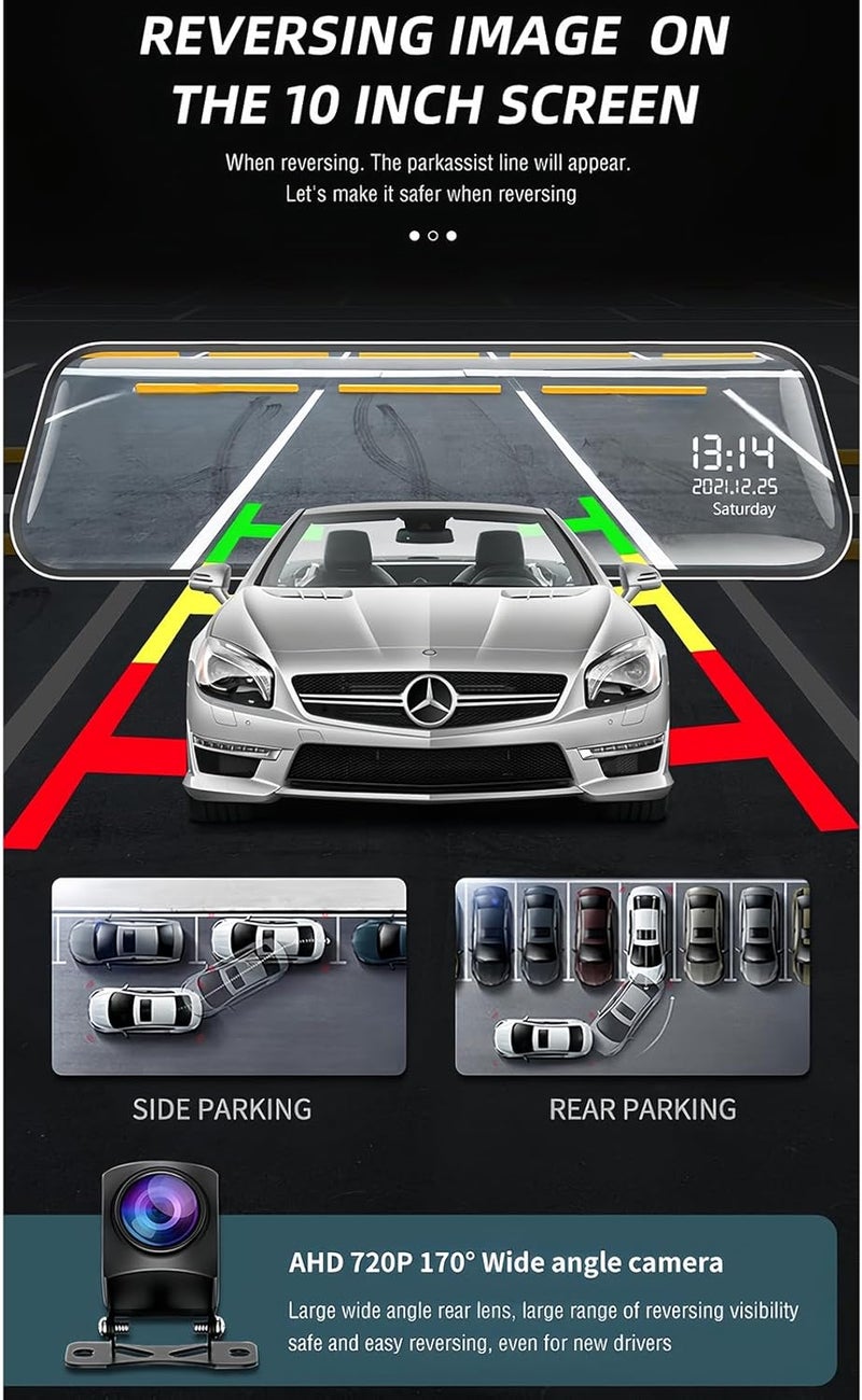 Car Dash Camera 10-Inch Touch Screen 170° Wide-Angle Dual Lens - 1080P Rear 720P Front Night Vision Rearview Mirror Camera for Vehicle Security Parking Assistance - Image 3