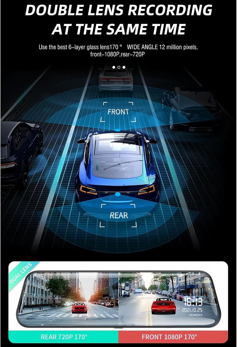 Car Dash Camera 10-Inch Touch Screen 170° Wide-Angle Dual Lens - 1080P Rear 720P Front Night Vision Rearview Mirror Camera for Vehicle Security Parking Assistance - Image 5