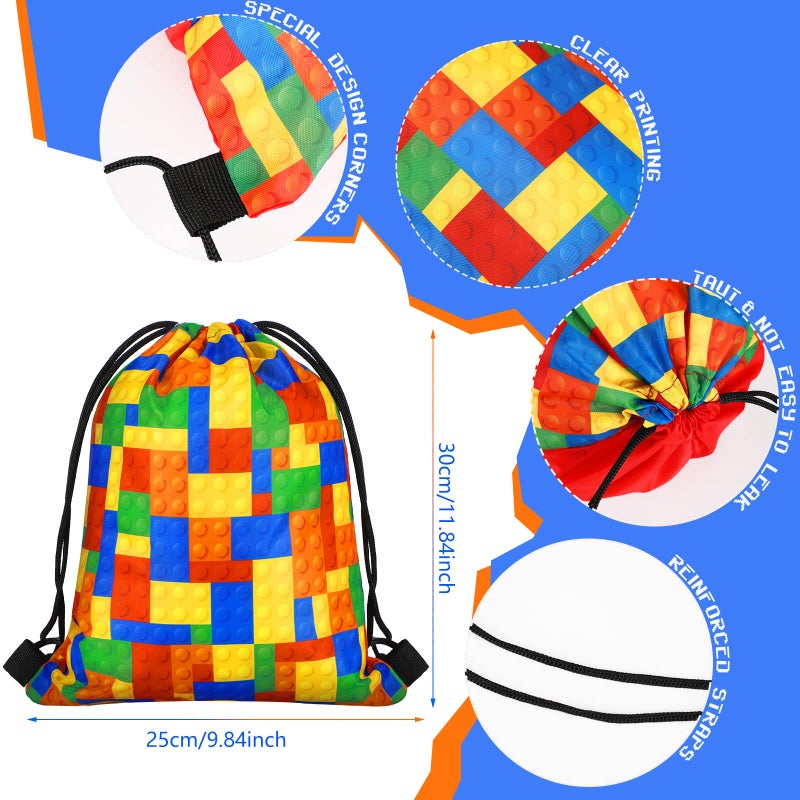 Shappy 12 Packs Building Block Party Favors Building Blocks Drawstring Gift Bags Candy Goodie Treat Bags for Birthday Party Supplies Decorations - Image 3