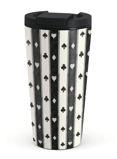 BURGA Queen's Court Stainless Steel Insulated Travel Mug with Playing Card Suits, Black and White Pattern, 17oz