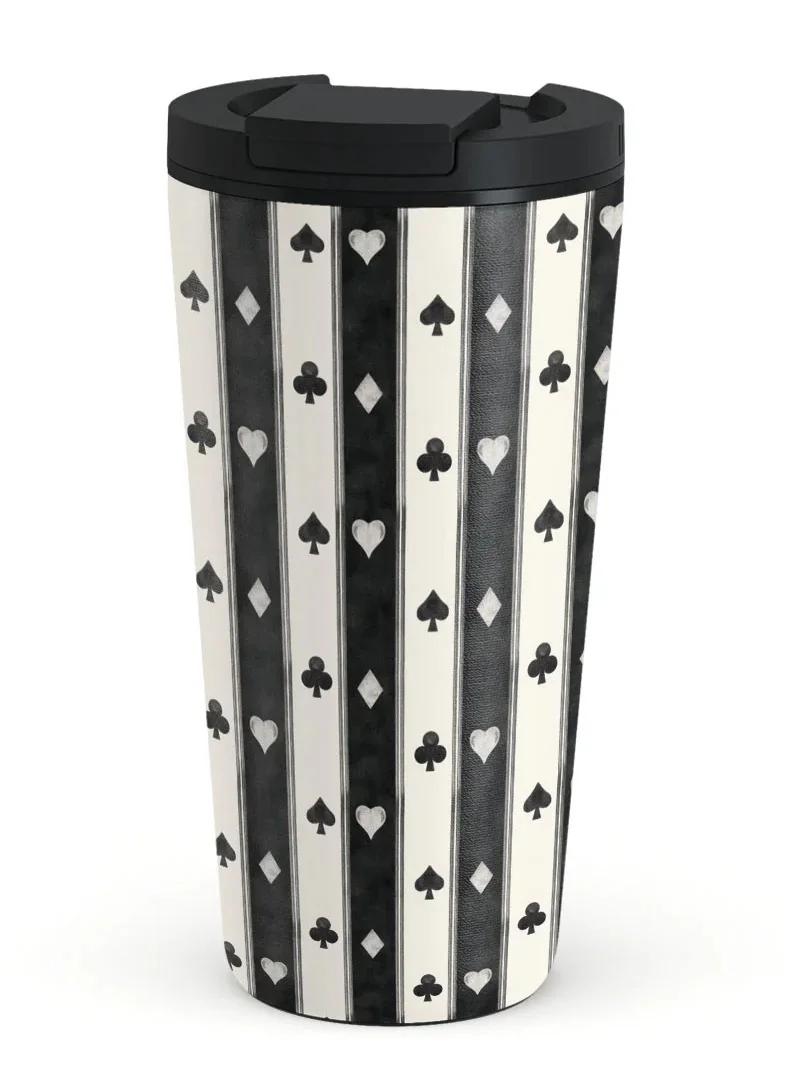 BURGA Queen's Court Stainless Steel Insulated Travel Mug with Playing Card Suits, Black and White Pattern, 17oz