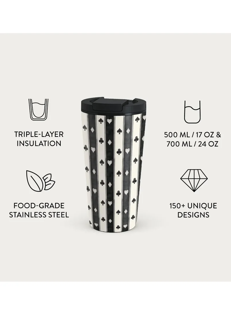 BURGA Queen's Court Stainless Steel Insulated Travel Mug with Playing Card Suits, Black and White Pattern, 17oz