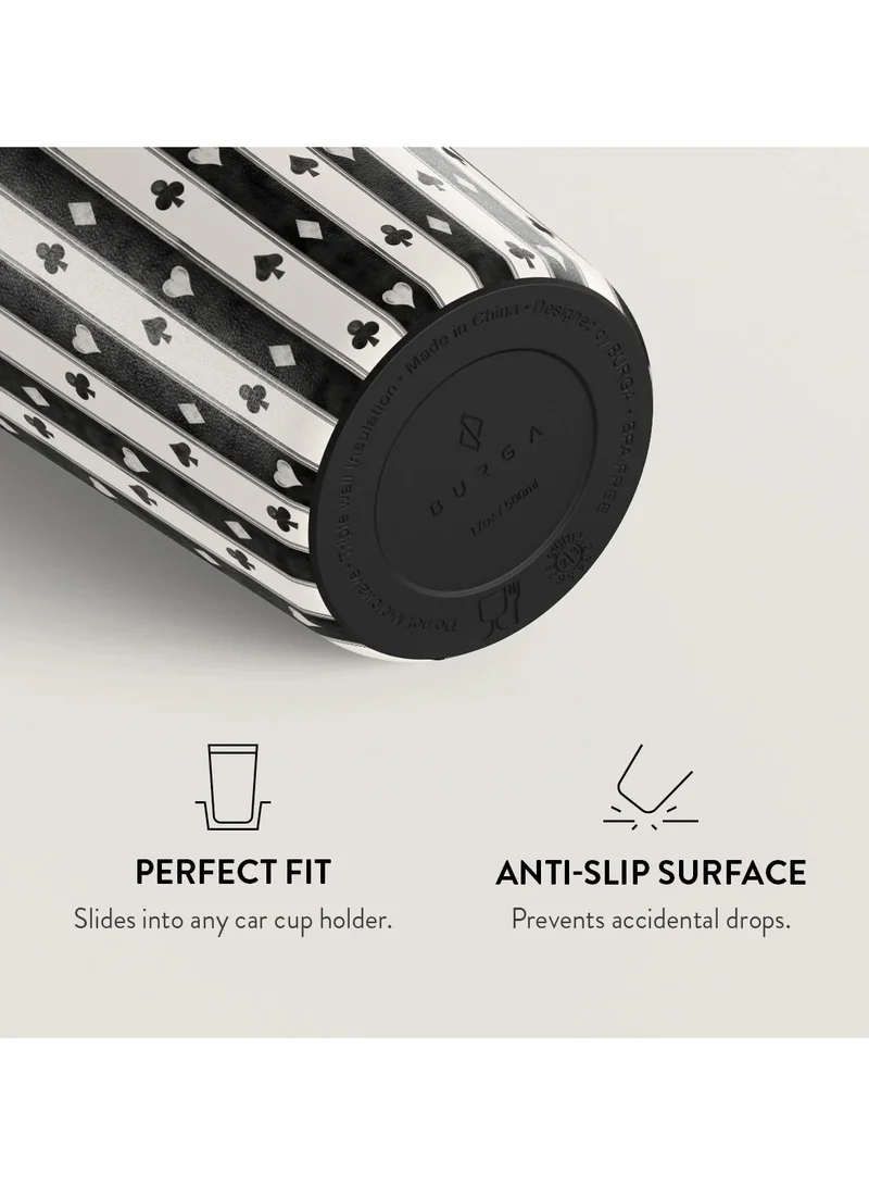 BURGA Queen's Court Stainless Steel Insulated Travel Mug with Playing Card Suits, Black and White Pattern, 17oz