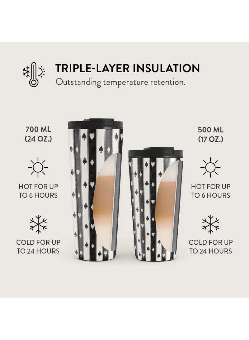 BURGA Queen's Court Stainless Steel Insulated Travel Mug with Playing Card Suits, Black and White Pattern, 17oz